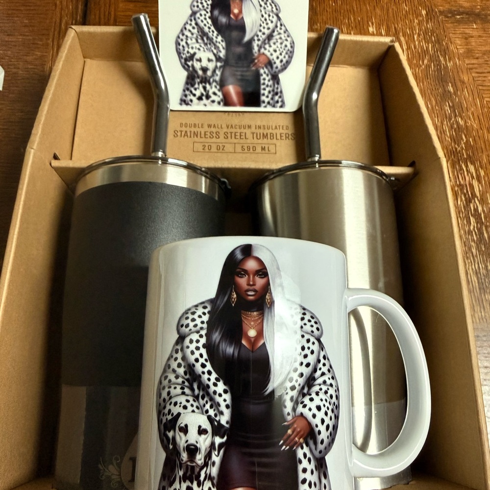 Stainless Steel Tumblers & Graphic White Ceramic Mug - with coasterBlack/Silver